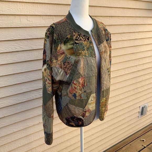 Vintage Handmade Patchwork Crazy Quilt M L Cardigan Sweater Floral Lion Cheetah - Picture 3 of 15